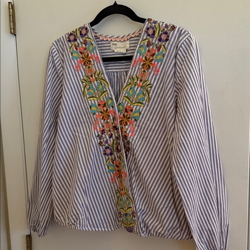 Anthropologie Blue Striped Floral Embroidered Blouse